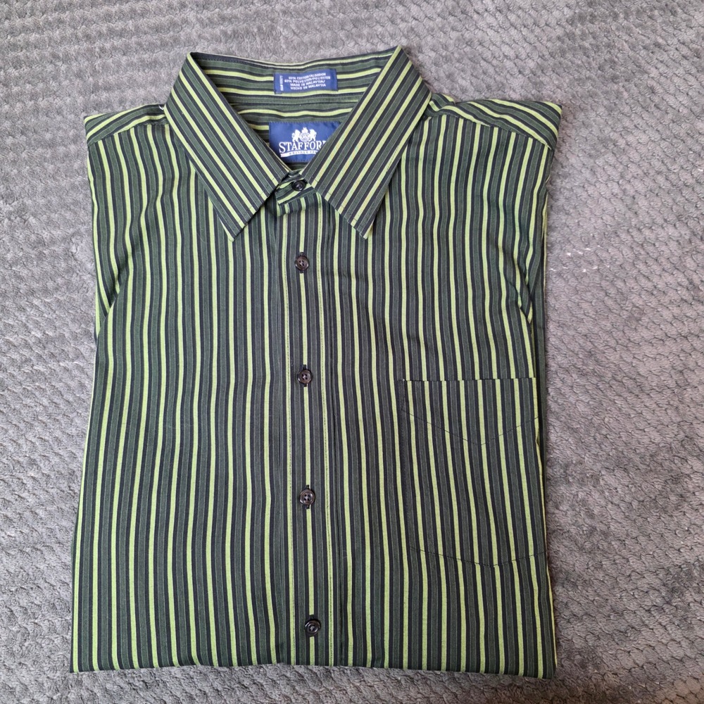 Stafford Button Down Shirt 17.5 36-37 Green Black Striped Wrinkle Free Y2K
